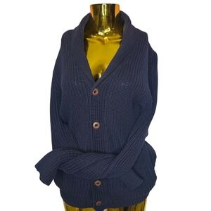 Express‎ Fisherman Shawl Collar Cardigan Sweater Navy Blue Ribbed Knit MEDIUM